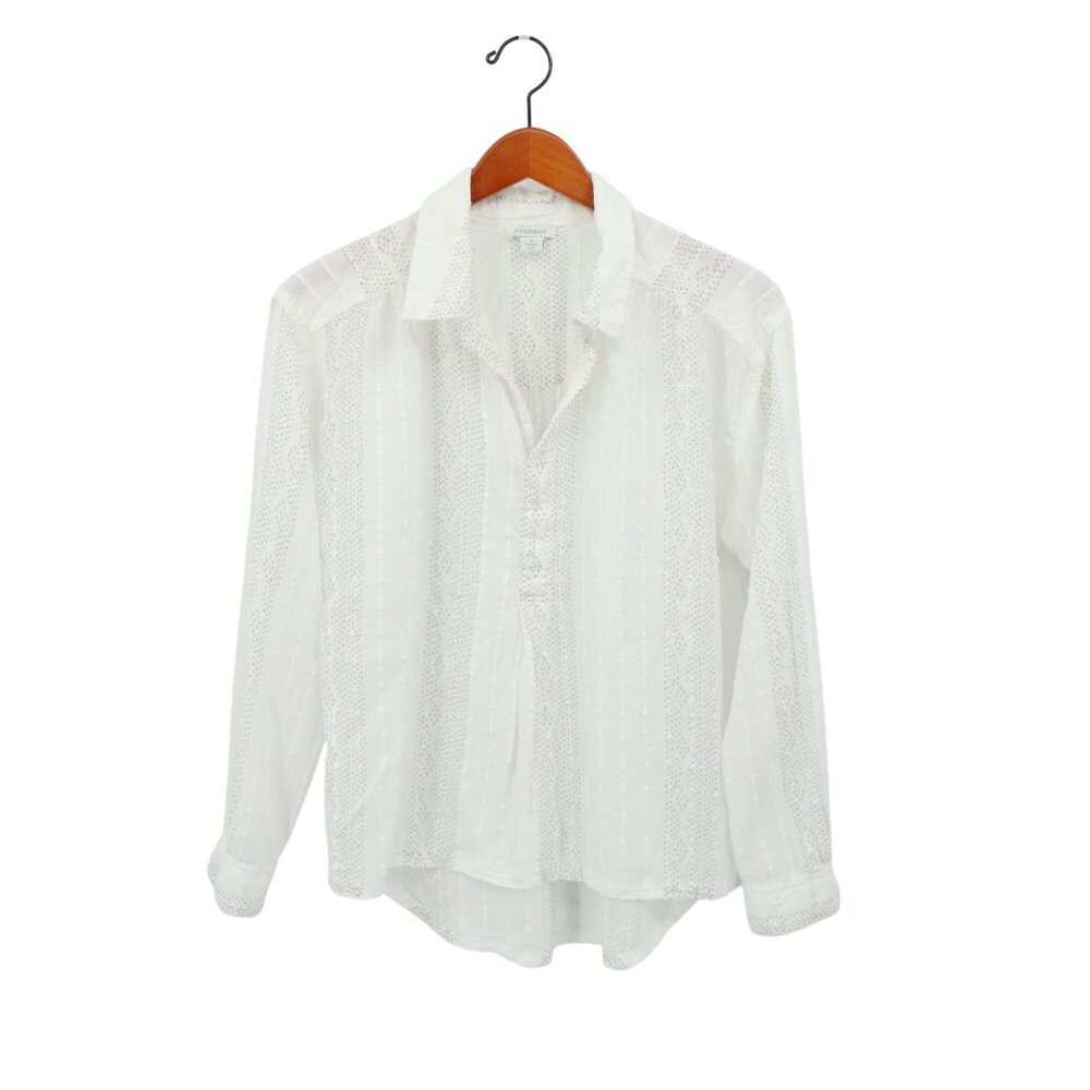 Sundance White Swiss Dot Gray Pebble Stripe Sheer Popover Blouse Top S